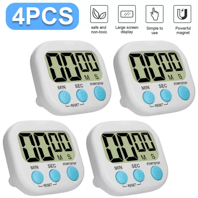 4Pcs Digital Kitchen Timer Magnetic Cooking LCD Count Down Up Clear Loud Alarm