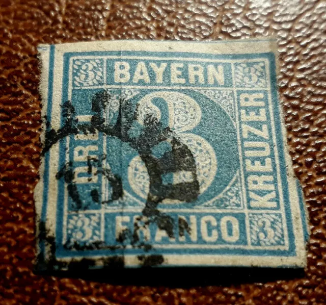 Briefmarke Bayern, 3 Kreuzer blau, oMR 15,