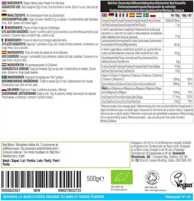 Polvo de hierba de cebada europea orgánica Sevenhills Wholefoods 500 g 2