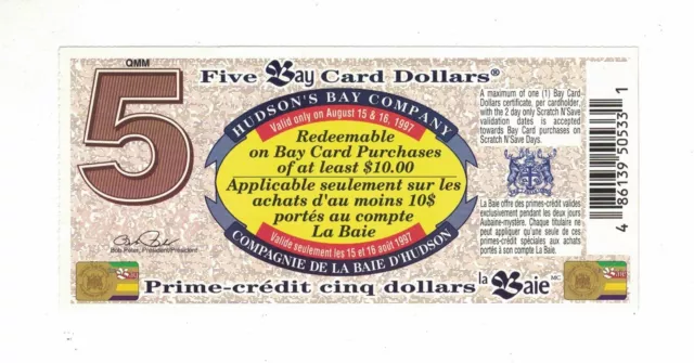 1997-08-15, Coupon Brown, Hudson's Bay Co., Five Card Dollars, No. 86139 50533