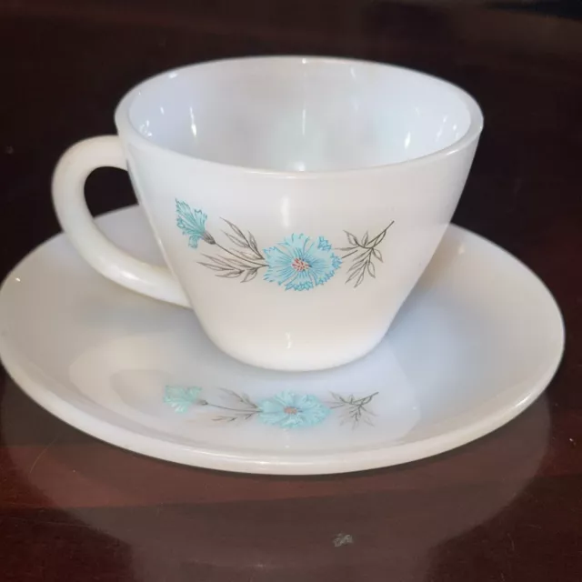 Vtg Fire King Milk Glass Coffee Tea Cup & Saucer Mug Blue Corn Flower Carnation