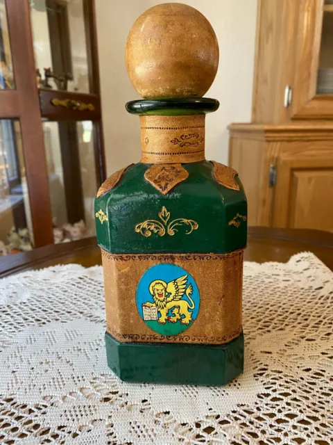 Vintage liquor decanter bottle leather wrapped wood cork stopper w/ family crest