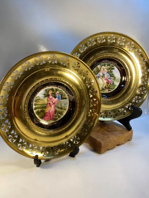 Pair of Vintage Regency Bone China Brass Filigree Wall Plate. Romantic Couples