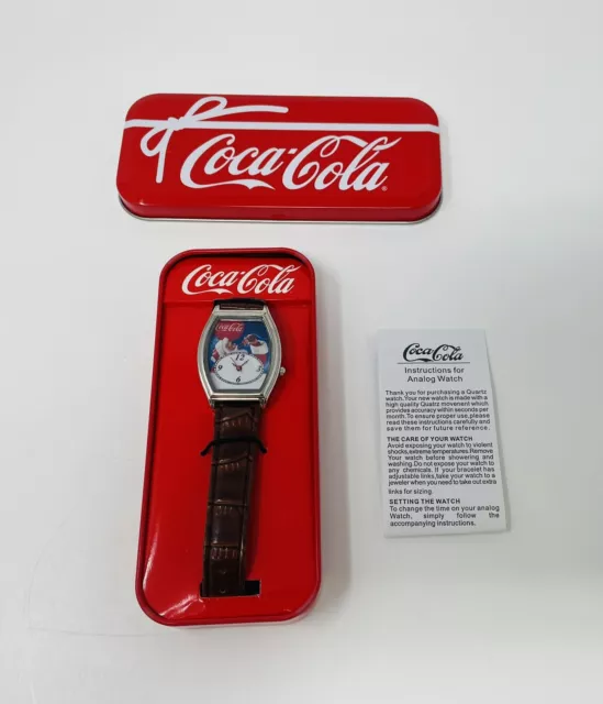 UNTESTED Coca Cola Santa Claus Christmas Analog Watch Faux Leather Org Box