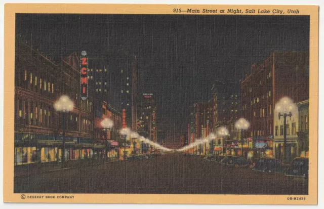 c1940s East Temple Street Neon Lights Salt Lake City Utah Linen VTG Postcard