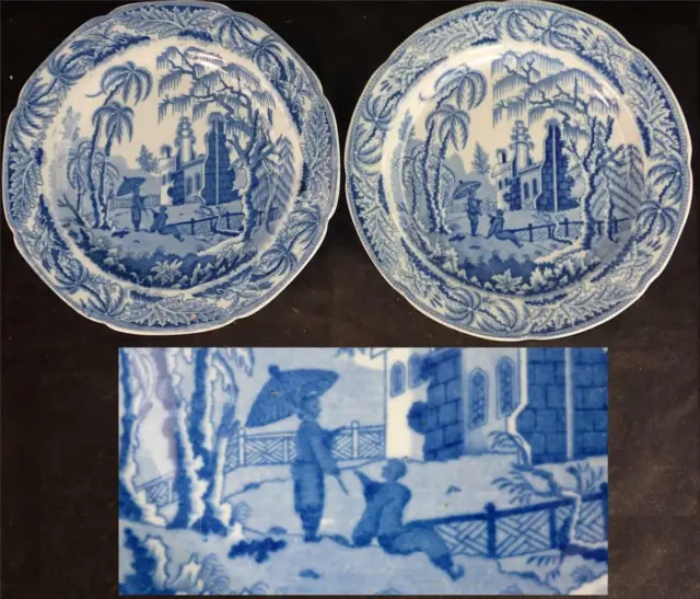 Pair Antique Davenport Chinoiserie Blue & White Transferware Dinner Plates