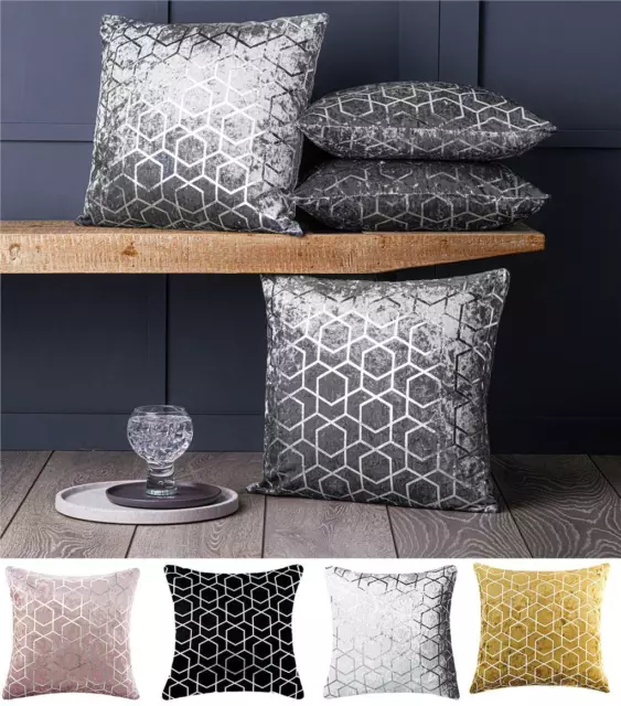 Set of 4 Metallic Geometric Crushed Velvet Sparkle Cushion Covers