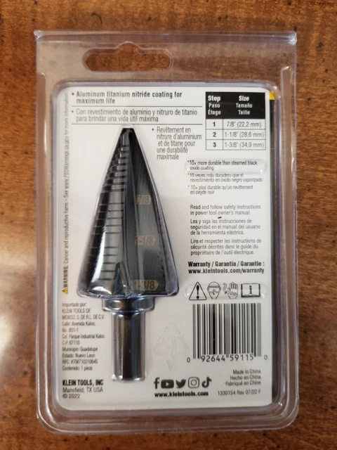 ** Klein Tools ~ Step Drill Bit #15 Double Fluted 7/8 to 1-3/8-Inch-KTSB15- ** 3