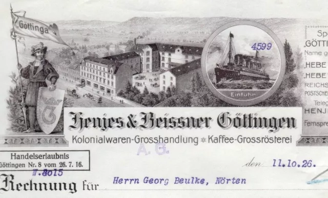 Henjes & Beissner Göttingen Rechnung 1926 Niedersachsen Kaffee Kolonialwaren