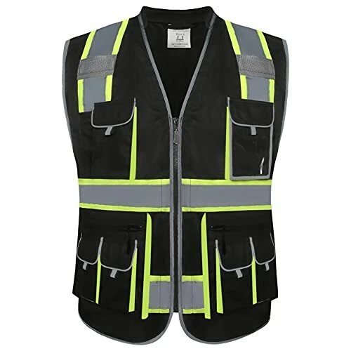 10 Pockets Hi-Vis Zipper Front Black Safety Vest Meets Medium Blackt1s1
