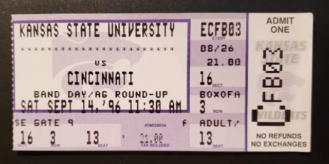 Kansas State Cincinnati Bearcats Football Ticket Stub 9/14 1996 WR Kevin Lockett