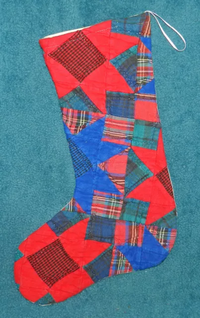 Primitive Vintage Cutter Quilt Christmas Stocking! Wow! Blue Red Flannel
