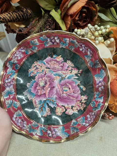 Vintage floral decorative plate pink blue white glazed oriental plate