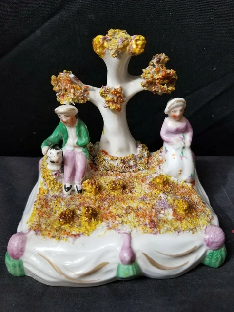 Staffordshire Miniature Figure man woman with spaniel mid to late 19th century