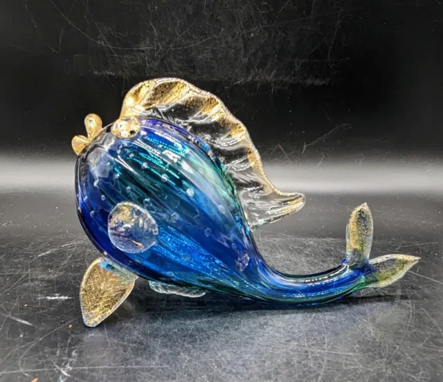 Vintage Imperio Rossi Murano Art Glass Blue Fish Figurine 9" Art Glass Gold