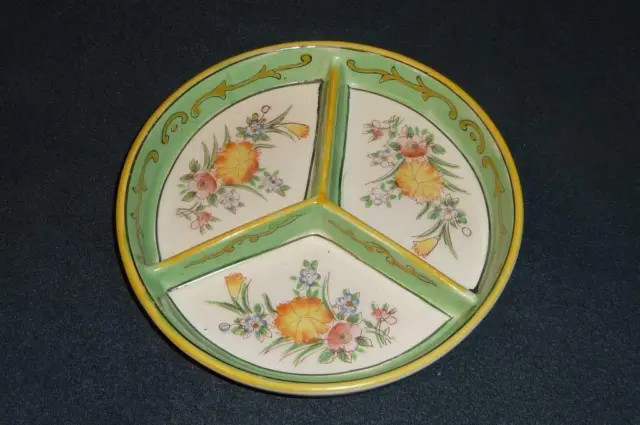 Antique MORIYAMA MORI-MACHI Divided 3 Sectioned Tidbit Dish ~ 1920s HP Flowers