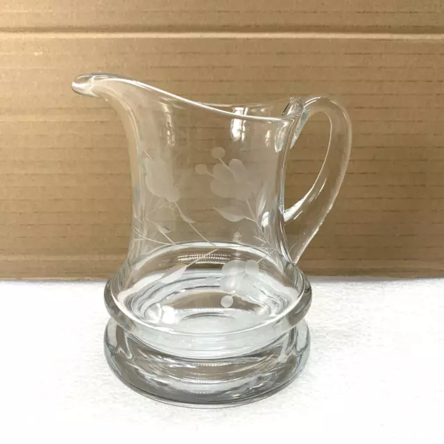 Etched Crystal Glass Floral 5" Creamer Small Pitcher Jar Double Base, Vintage