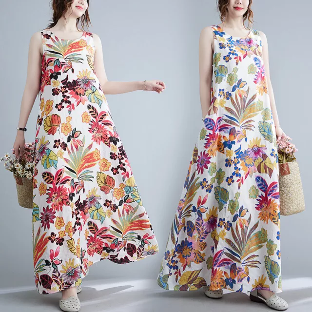 2024 Summer Women's Loose Dress Print Floral Sleeveless Cotton Beach Long Dress