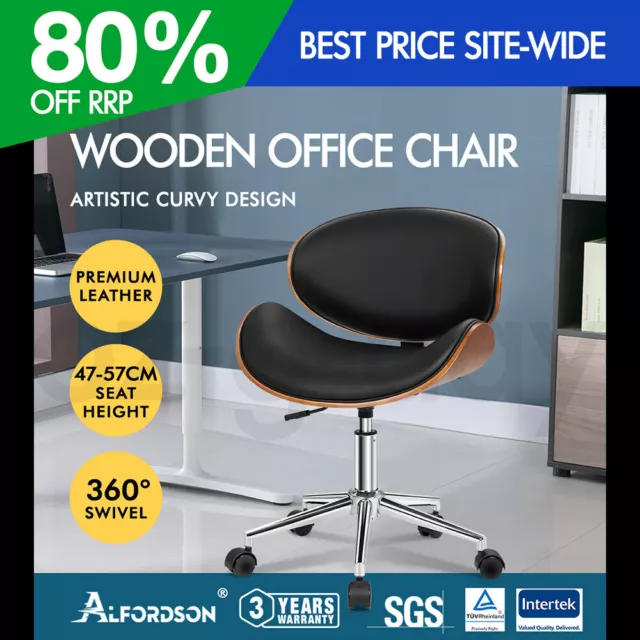 ALFORDSON Wooden Office Chair Computer Chairs Bentwood Seat Leather Black