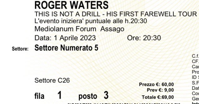 Roger Waters Milano 01/04/2023, DUE biglietti concerto Settore C26 Forum Assago 3