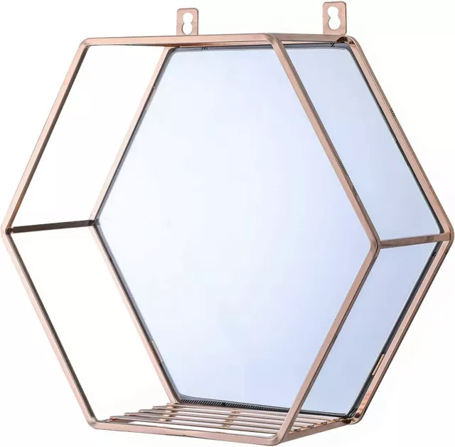 Foo Foo Wall Mirror for Home Decoration with Rose Gold Hexagon Hanging Shelf