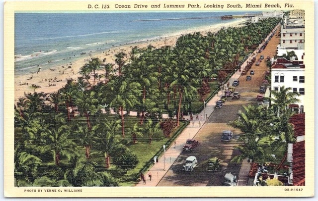 Postcard Linen FL Ocean Drive Lummus Park Cars View Miami Beach Florida
