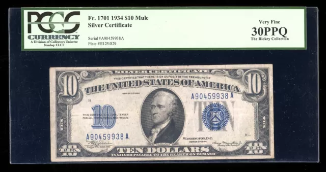 DBR 1934 $10 Silver Mule Fr. 1701m PCGS 30 PPQ Serial A90459938A