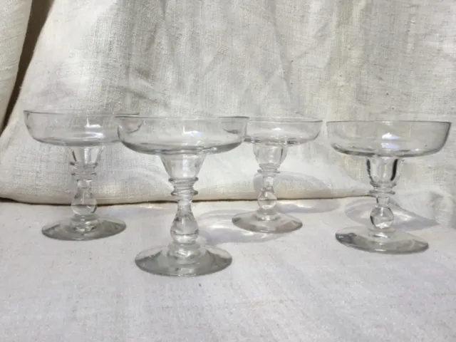 Set of 4 Antique Hand Blown French Champagne Glass Coupes Saucers 19th Century