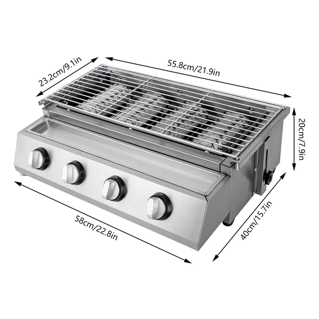 Edelstahl-Brenner Gasgrill Gasbräter 4-flammig LPG Gastro BBQ Tischgrill NEU NEU