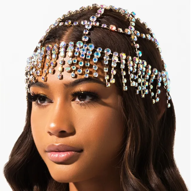 Women Crystal Tassel Chain Hair Head Cap Bridal Headpiece Rhinestone Jewelry
