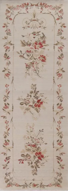 Ivory Aubusson Turkish Floral 3'x10' Runner Rug Hand-knotted Modern Wool Carpet