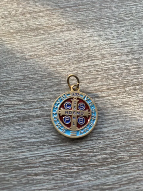 Catholic Saint St Benedict 2 Inch Red Blue Enamel Silver Tone Medal