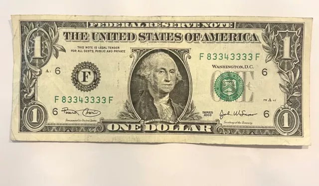 Fancy Serial Number 1 Dollar Bill Trinary - F83343333F - Double Fs
