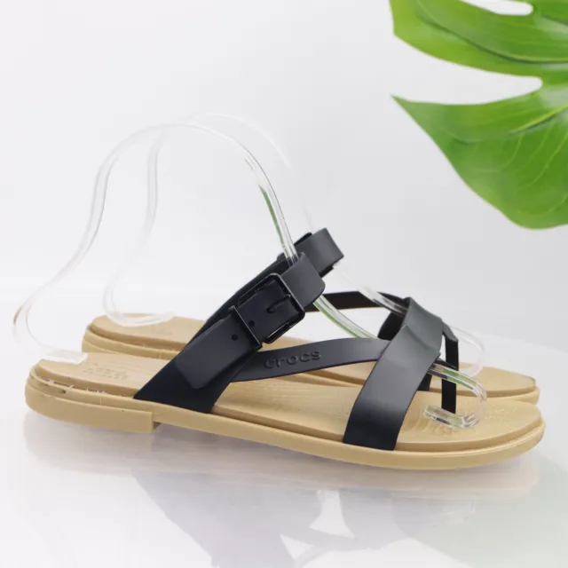 Crocs Women's TuIum Sandal Size 7 Black Tan Strappy Slide Flip Flop Thong Shoe