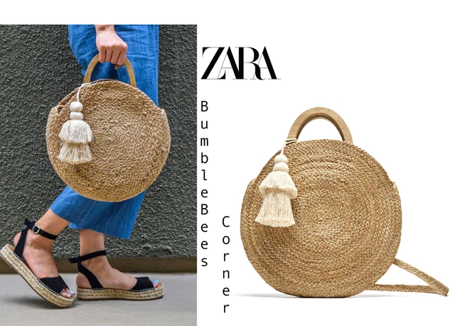 ZARA ROUND RAFFIA Basket Bag TASSEL WOOD HANDLES Jute Weave