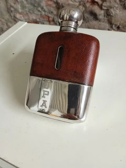 Old Vintage English Sterling Silver  Leather Unique Whiskey Flask 20th Century