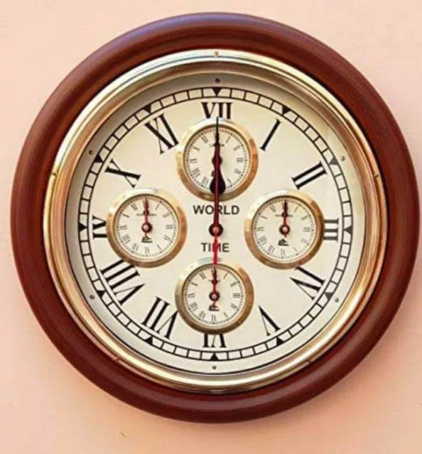 16" Antique Vintage Style Brass Wooden World Time Wall clock Decorative Items