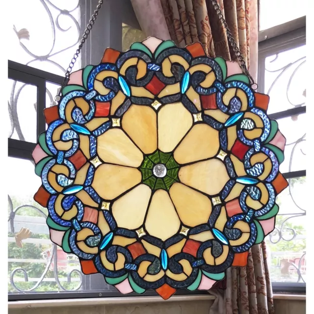 Stained Glass Window Panel 18" Diameter Handcrafted Victorian Tiffany Style