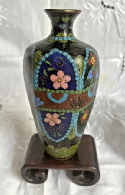 Antique Chinese Cloisonne Vase Floral Enamel Brass Hand Painted 6 Sides