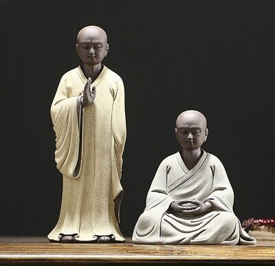 2 Pcs Chinese Zi Sha Clay Monk Statue Buddha Buddhism Zen Figure Decor