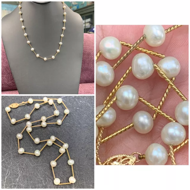 Vintage 14 Karat Yellow Gold White Pearl Station Necklace Swirl Tube Beads Chain