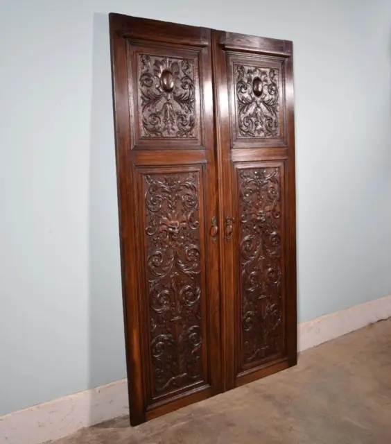 *70" Tall Pair of Antique French Solid Oak Wood Doors With Highly Carved Faces