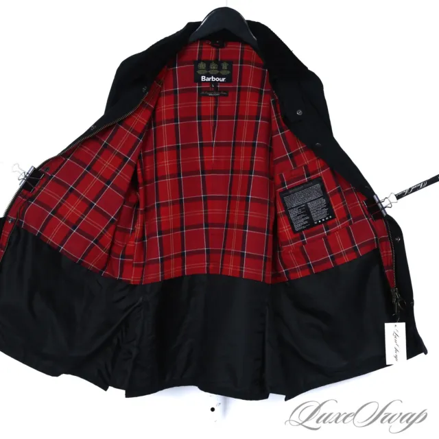 #1 MENSWEAR Barbour England Black Waxed Ashby Red Tartan Lined Storm Coat L NR