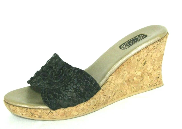 Salpy Shoes Sandals Sz 10 Slides Cork Wedge Heels Black Snake Print Hand Crafted