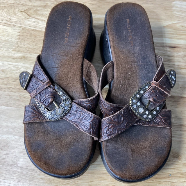 Roper Buckle Strap Slide Chunky Wedge Platform Brown Sandals Womens Size 9