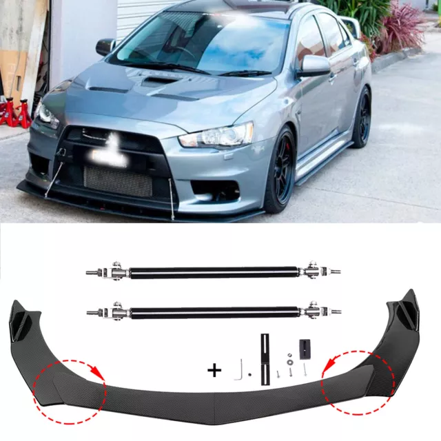 Carbon Fiber Front Bumper Lip Spoiler Splitter+Strut Rods For Mitsubishi Lancer