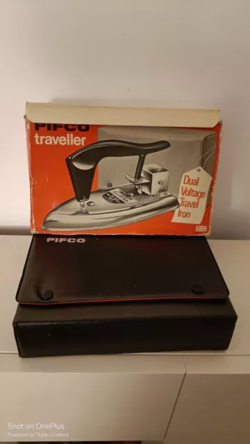 Vintage Retro Pifco Chrome Folding Travel Iron & Case & Original Box no cable