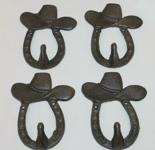 Set of 4 Rustic Cast Iron Western Cowboy Hat Horse Shoe Wall Mounted Coat Hooks