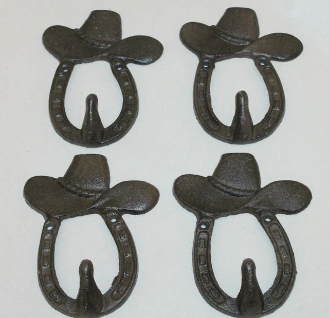 Set of 4 Rustic Cast Iron Western Cowboy Hat Horse Shoe Wall Mounted Coat Hooks