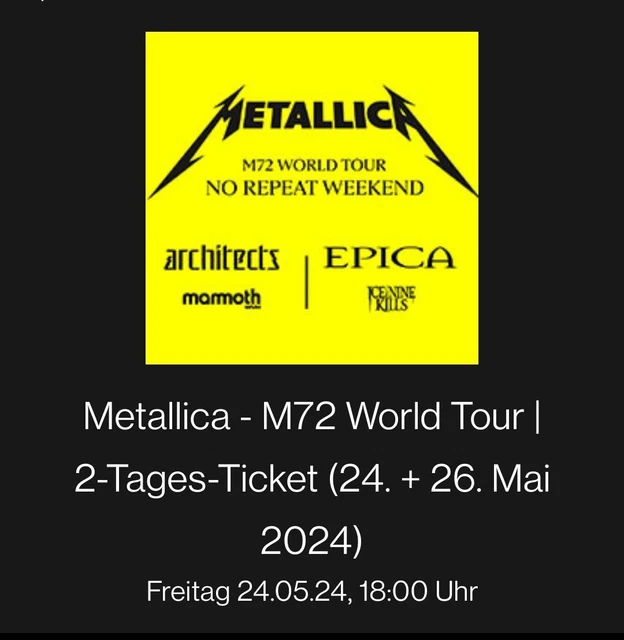 2X METALLICA M72 World Tour in München I 2TagesTicket 24.+26. Mai